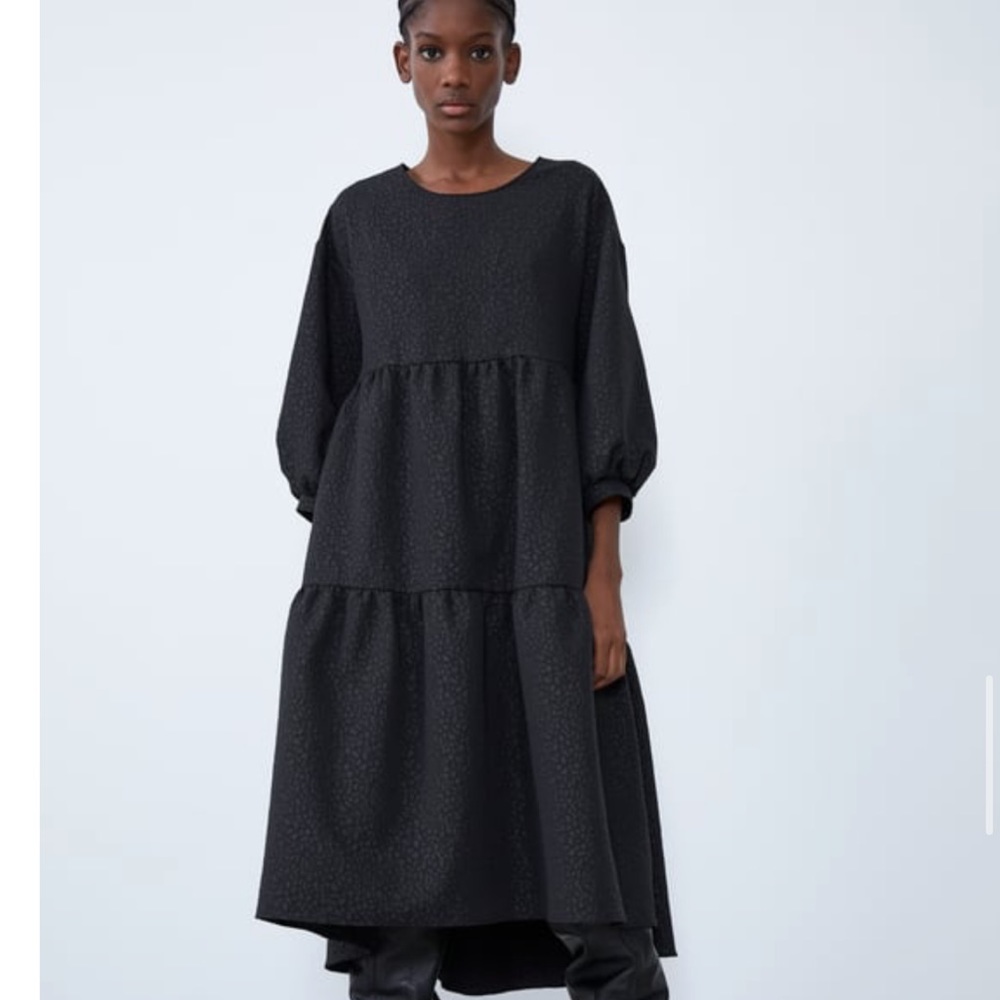 Zara Jacquard Midi Black Dress